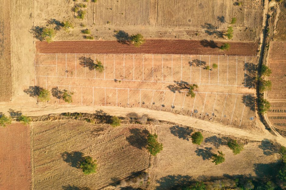 Vista aérea de terrenos en venta en Puebla con lotes disponibles